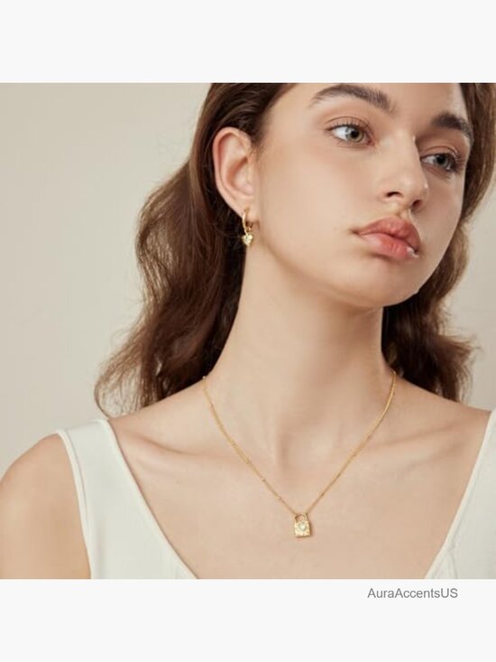 ZOECHICCO_PEN-16-D_14KY_SQUARE  Heart Padlock Pendant Necklace 18K Gold Plated Cubic Zirconia